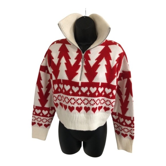 Jessica‎ Simpson red white pine hearts zip front pullover sweater size Small - Picture 9 of 17